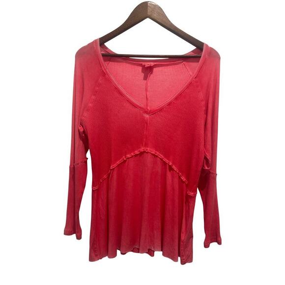 Pol Tops - POL Long Sleeve V Neck Ribbed Knit Babydoll Long Tunic Top Size S Y2K Inspired